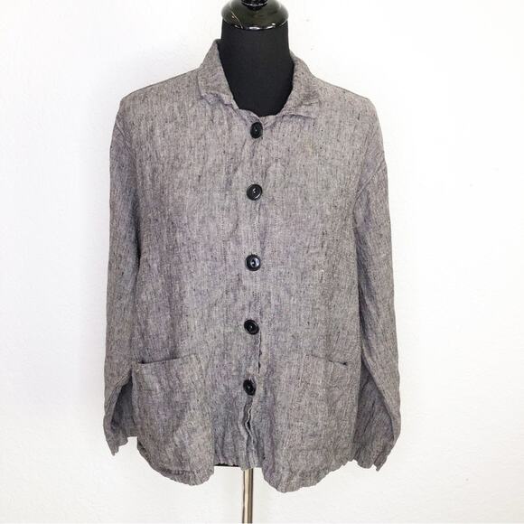 Flax black gray linen button down lagenlook top jacket size Medium - Picture 1 of 16